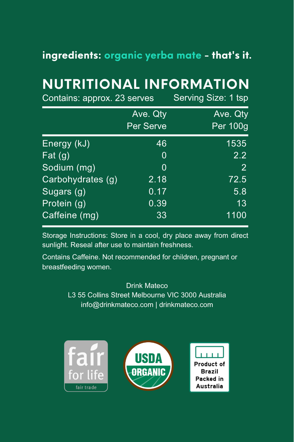 Organic Yerba Mate Powder - 70g Tin